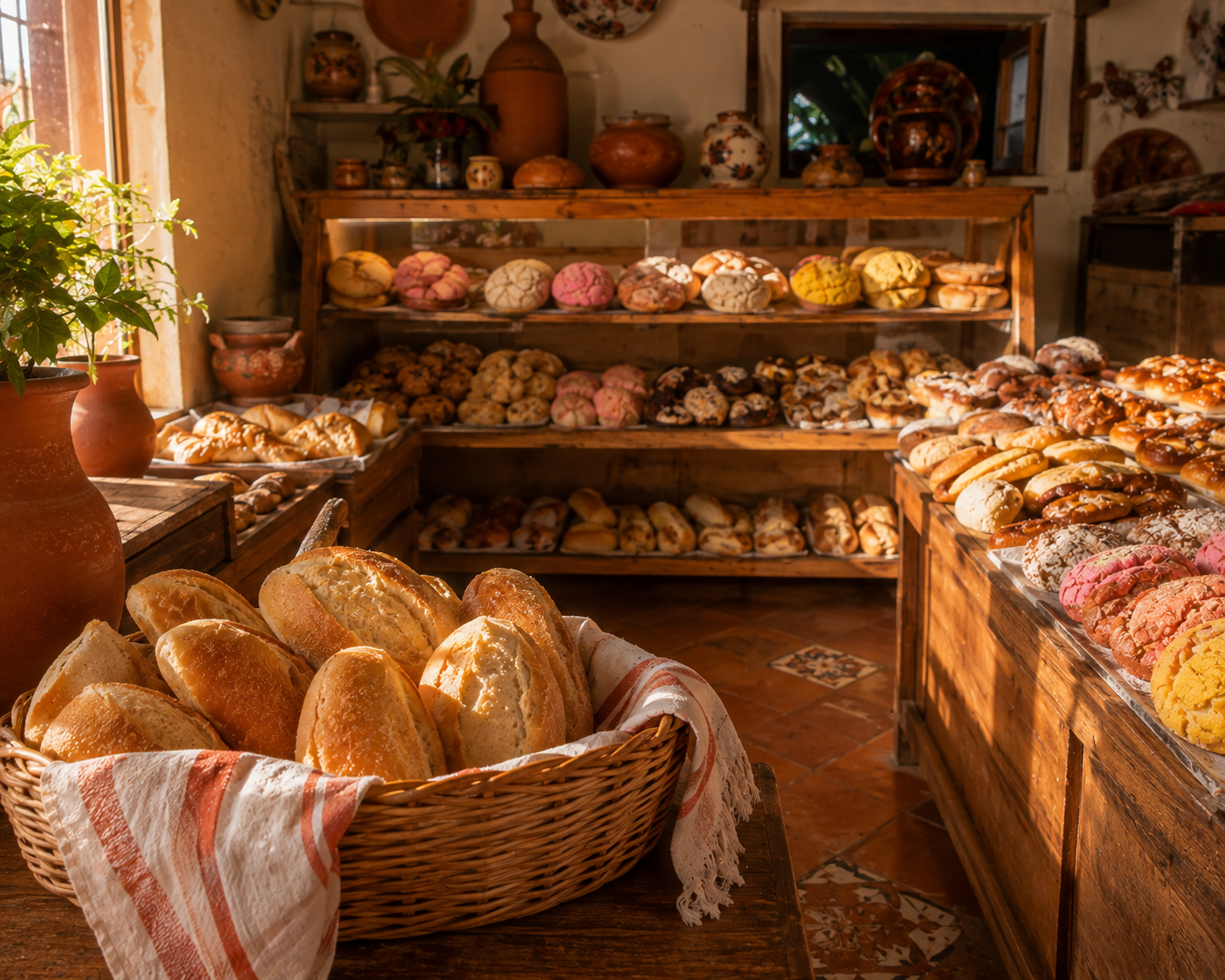 Inside Jimenez Bakery — rustic wooden shelves of fresh conchas, pan dulce and bolillos in warm morning light