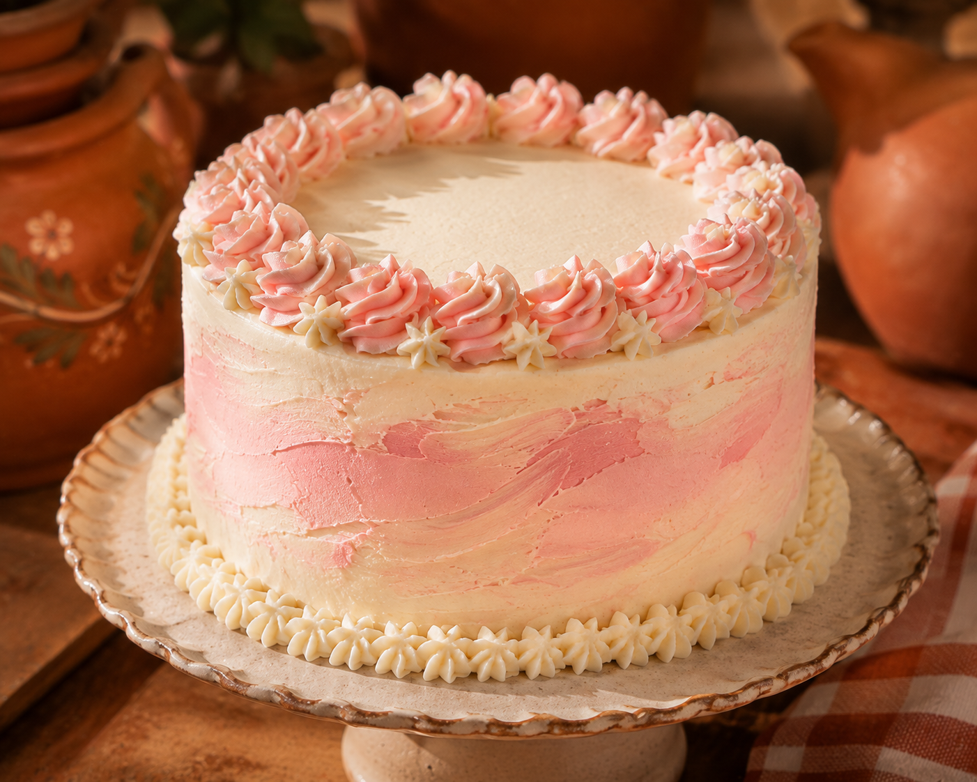 A custom pink-and-cream buttercream celebration cake with a piped rosette border